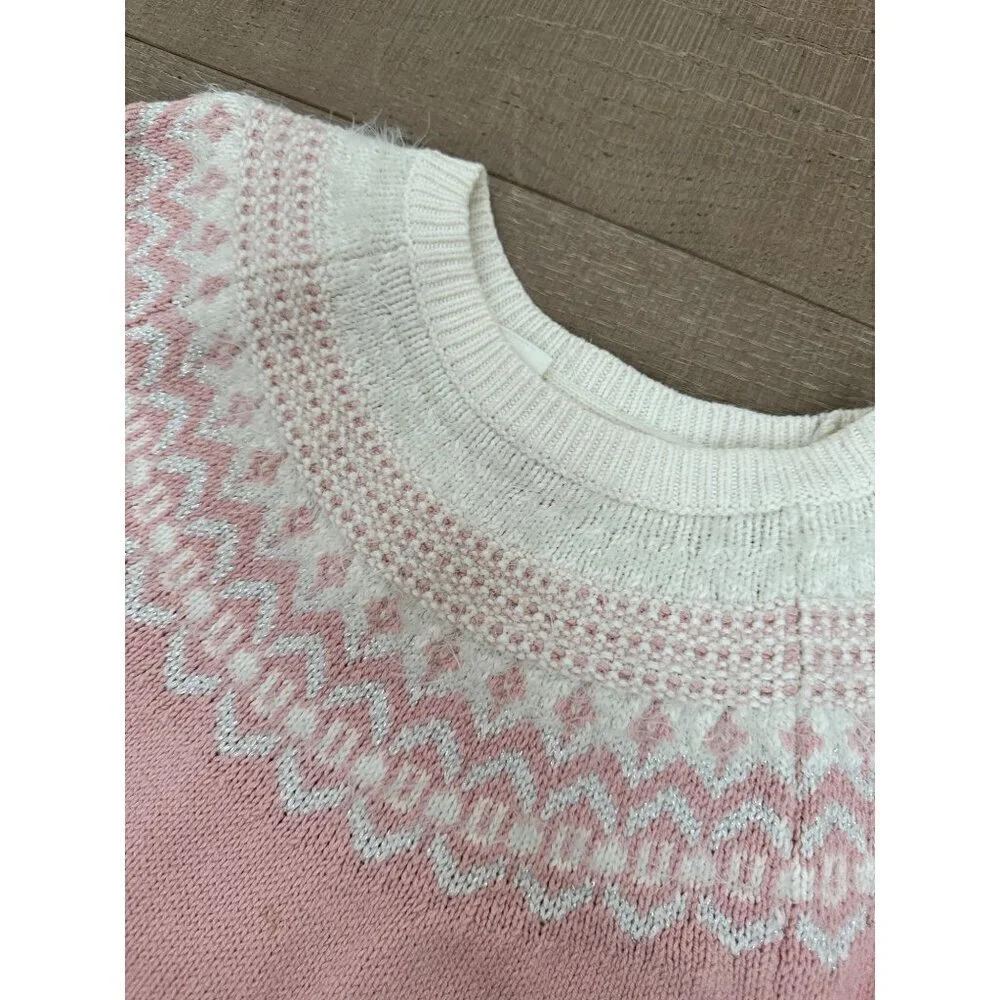 Gap Kids Pink Knit Sweater Dress With White Fair Isle Yoke Design Long Sleeves &